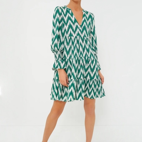 Pomander Place Green Ikat Kenzo Tuckernuck Tiered Summer Mini Dress Size S - Picture 1 of 8